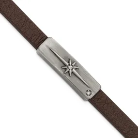 Antiqued Bronze Plated Stainless Steel CZ Leather I.D. Bracelet, 8 In