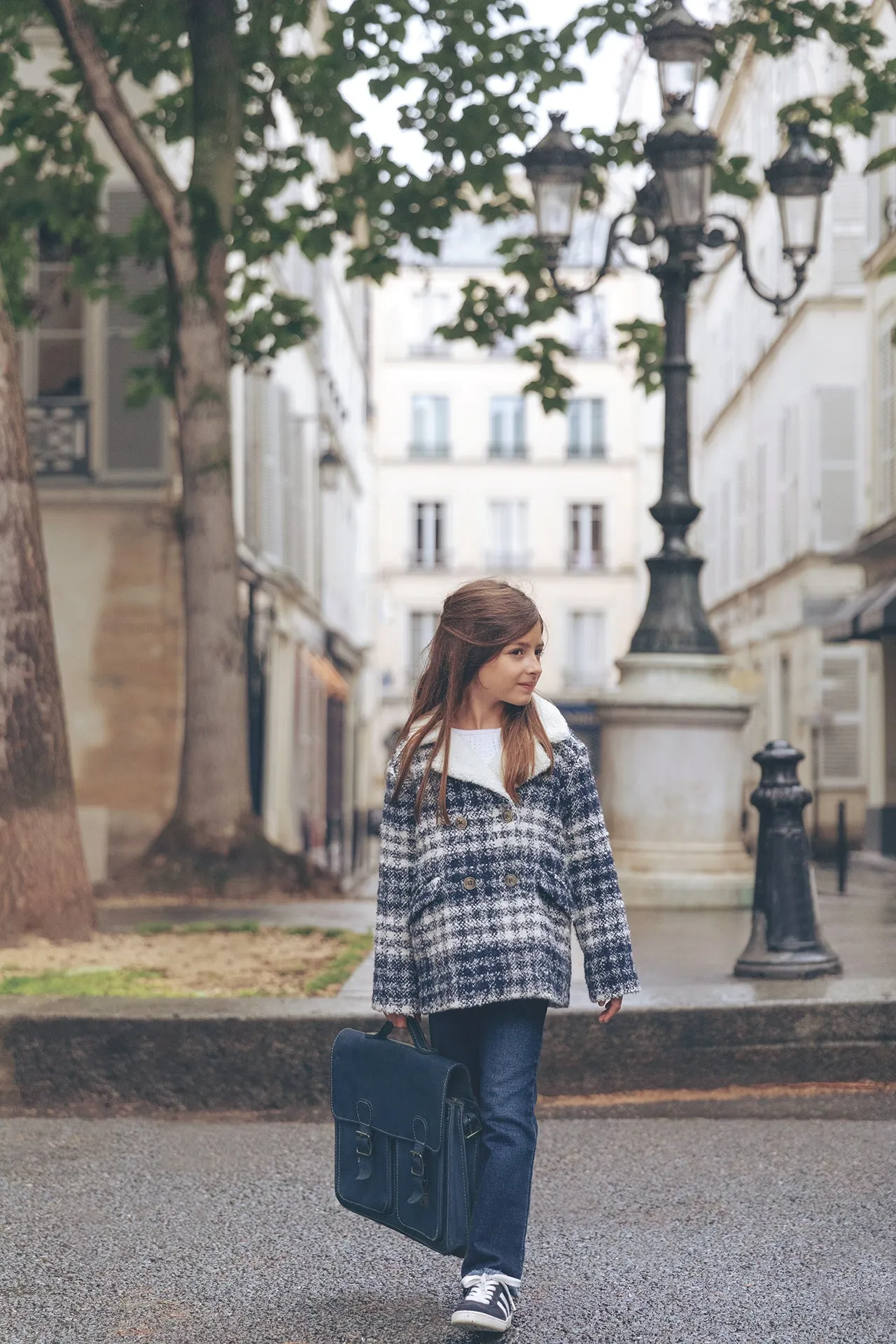Coat      Check Navy Collar Imitation fur     