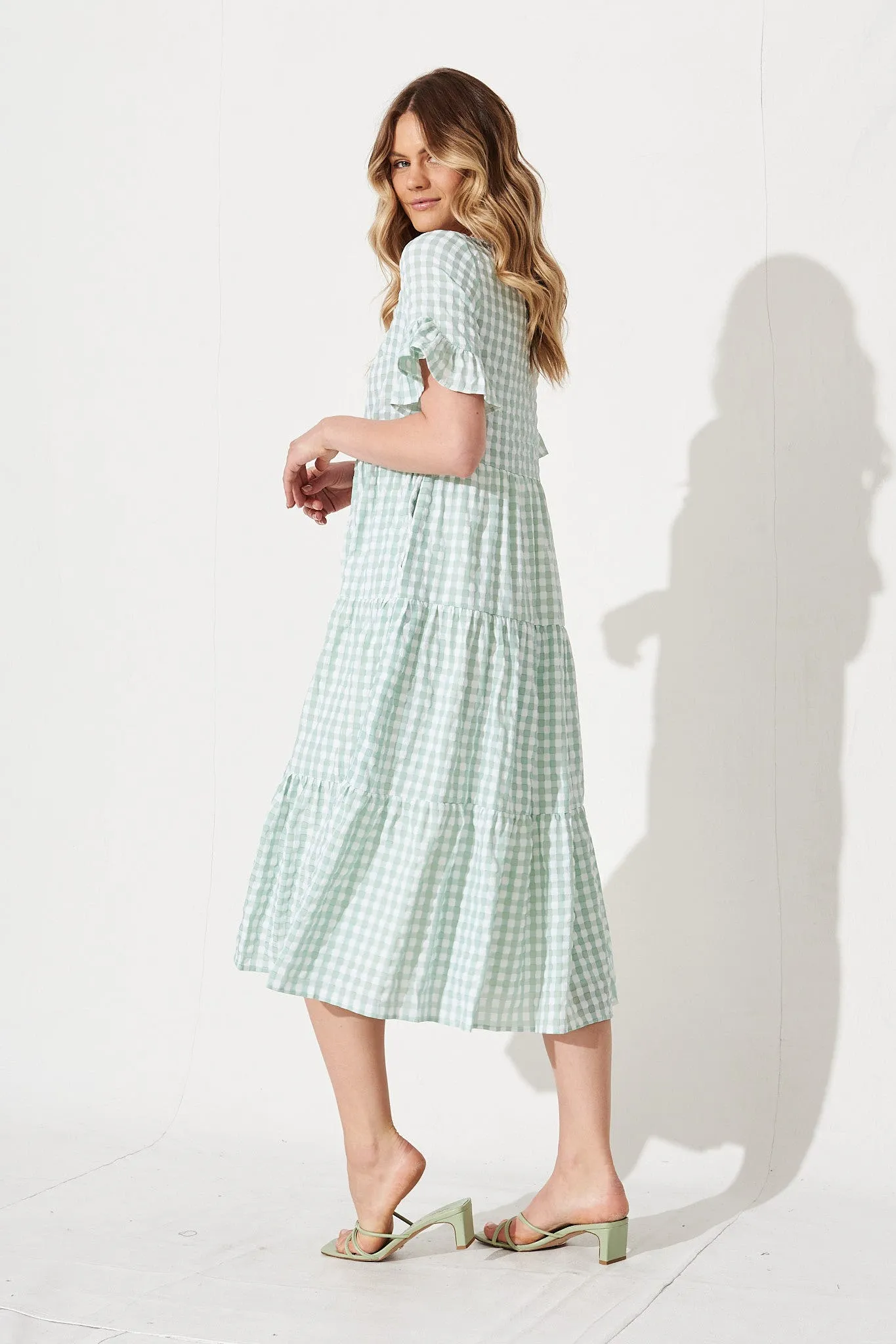 Kristen Midi Smock Dress In Mint Gingham
